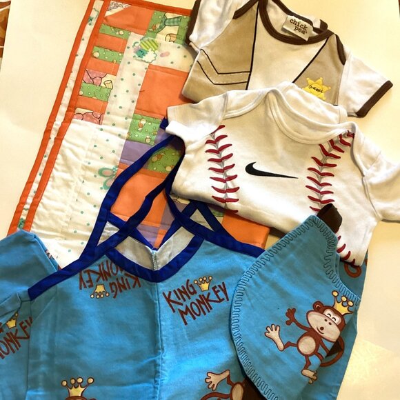 Bundle of Baby Boy Clothes Short Sleeve Onesies Handmade Changing Mat Bib... - Picture 1 of 4